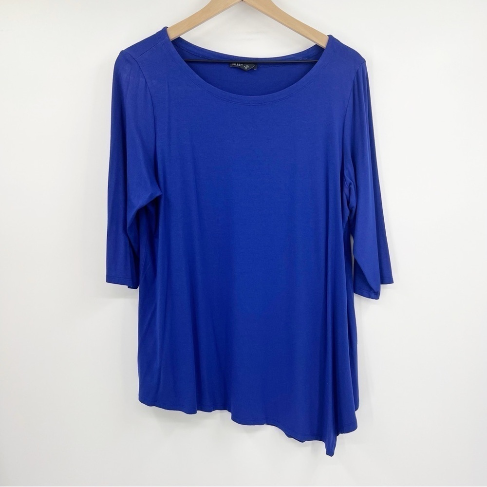 Eileen Fisher Blue Stretch Jersey Knit Asymmetric Hem Blouse Top Size XL